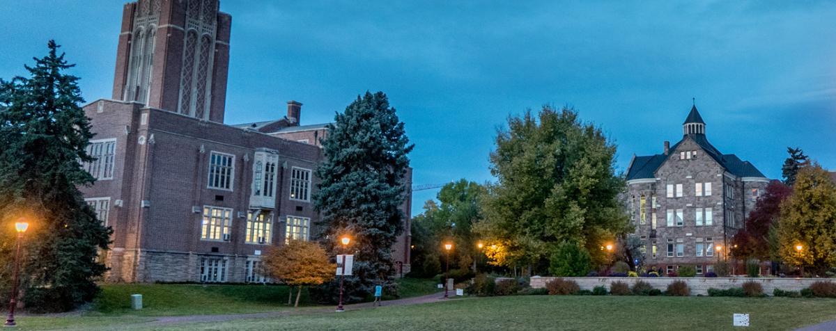 university hall at night